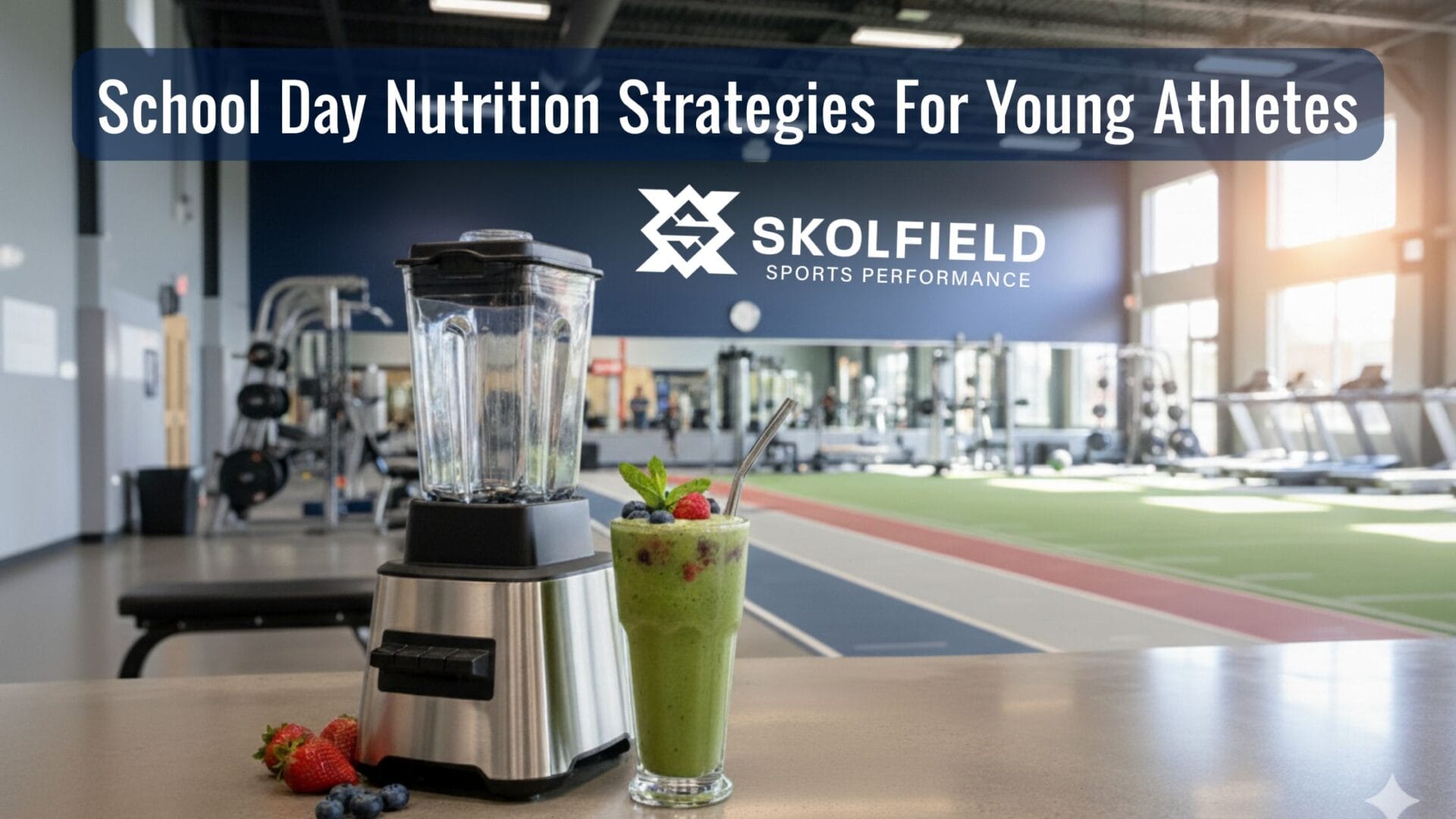 School Day Nutrition Strategies for Young Athletes 2 Skolfield Sports Performance blends a smoothie during a school nutrition demo as students sample cups; table shows kale, berries, yogurt, and water bottles.